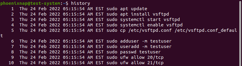 The history command output with timestamps