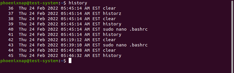 The history command list with 10 entries