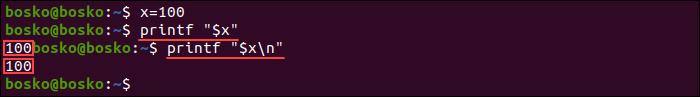 Separate printf output entries with a newline character.