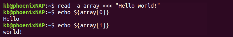 read -a array terminal output