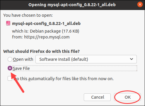 Save the mysql-apt-config deb file on your Ubuntu system.