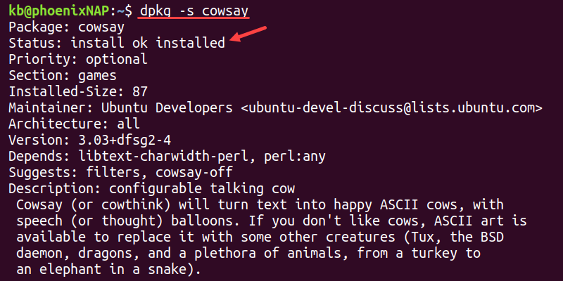 dpkg -s terminal output