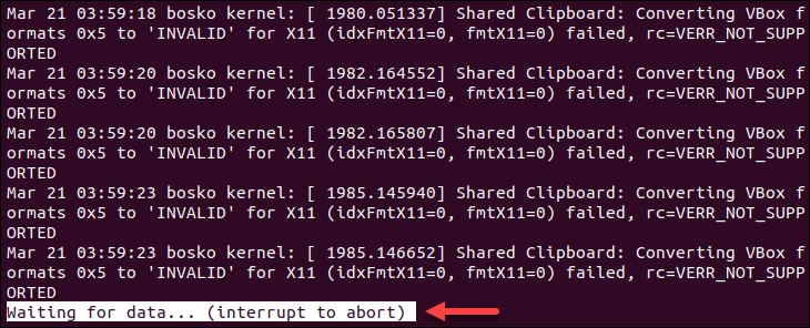 Invoking less with forward mode to monitor a file in real-time.