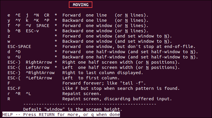 Navigation options in the less command help file.