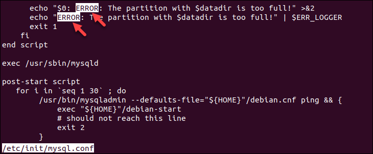 Open a file in less and search for a pattern.