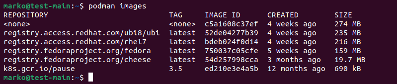 Viewing locally available images in Podman.