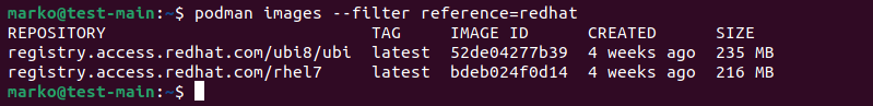 Filtering locally available images in Podman.