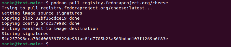 Pulling an image from an online registry in Podman.