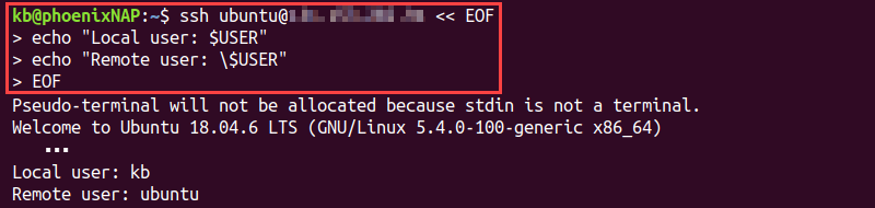 ssh heredoc user local and remote
