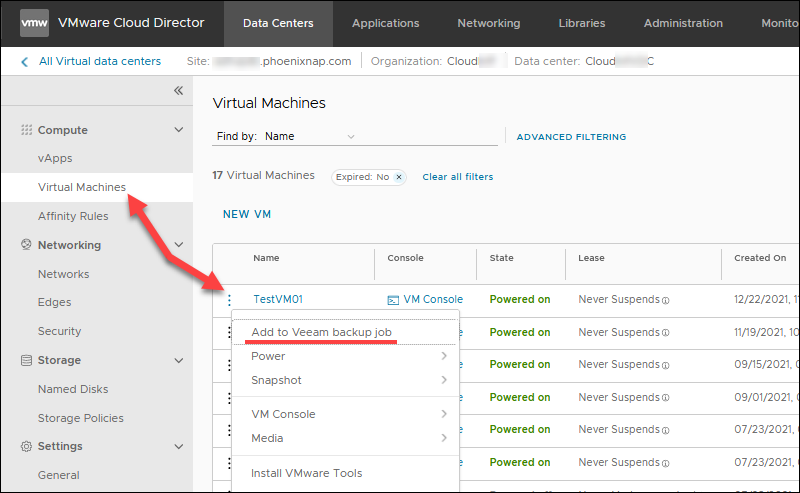 Add to Veeam backup job option in Cloud Director
