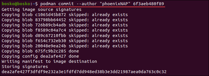 Output of creating an image from container by setting the image author using --author flag 