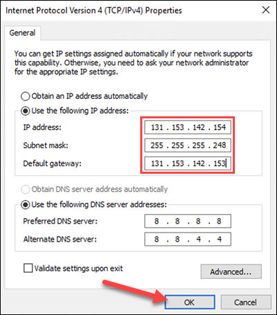 Editing internet protocol version 4 properties in Windows.