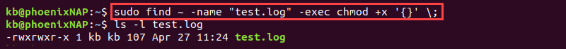 find and exec command terminal output