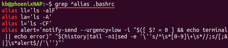 grep alias beginning regex terminal output
