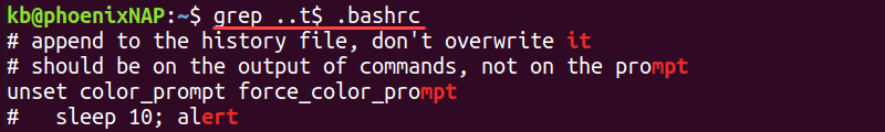 grep multi character end match terminal output