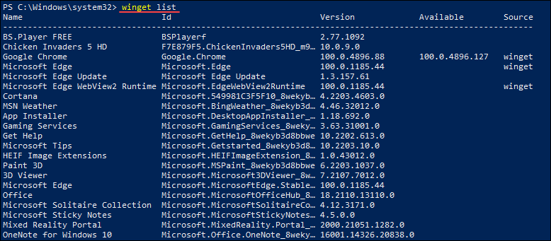 Getting a list of installed apps using winget.