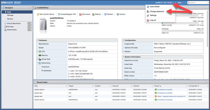 Navigating to change password dialogue in ESXi.