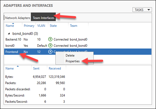 Choosing Frontend properties in the Team interfaces dialogue in Windows.