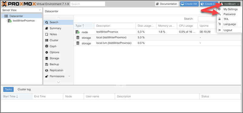 Proxmox main screen.