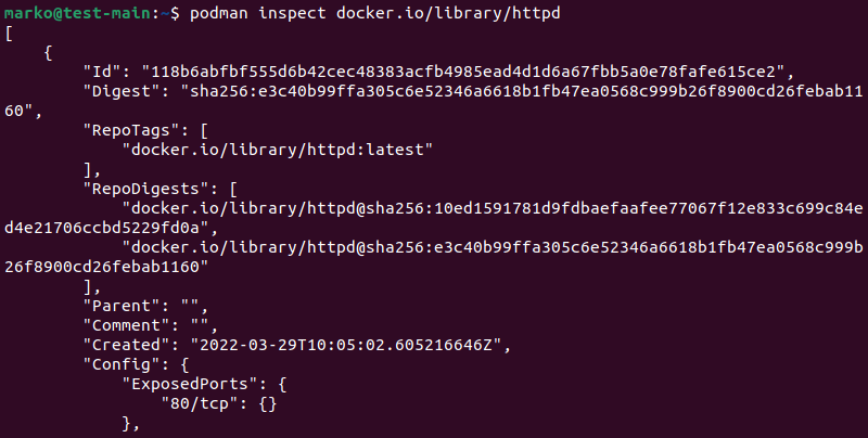Inspecting an image with Podman.