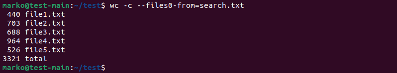 The wc command showing the byte count for files.