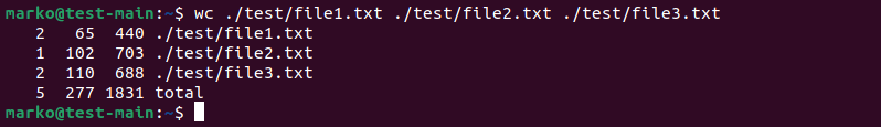 Using the wc command with multiple files.