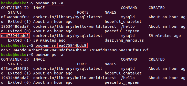 Removing a specific container using Podman.