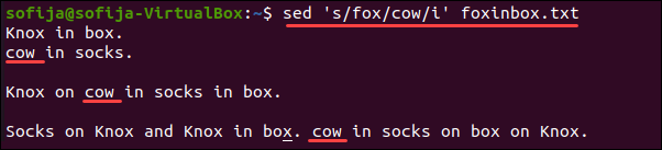 The output of sed command changing all three instances of the specified string