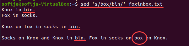 sed command replacing only the first occurrence of a word in a line.