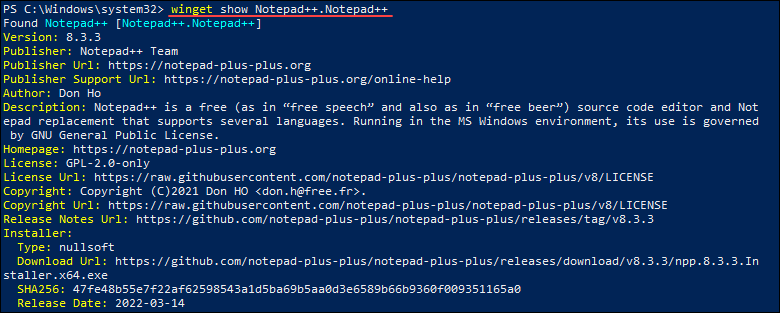 Obtaining a package's details using winget.