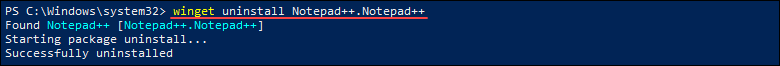 Uninstalling an app using winget.