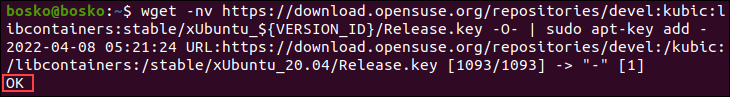 Adding a GPG key to verify Podman package integrity.