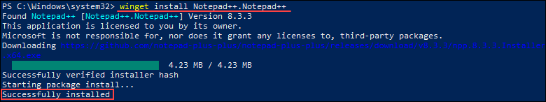Installing an app using winget.