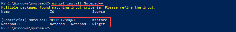 Winget prompts for the exact app name for installation.