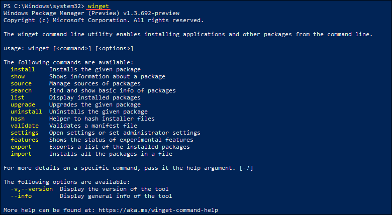 Running winget in Microsoft PowerShell.
