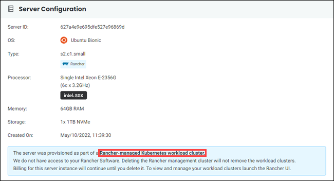 Server Configuration section of the Server Details page.