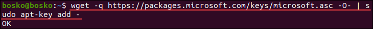 Adding a GPG key from Microsoft to verify the vscode package integrity.