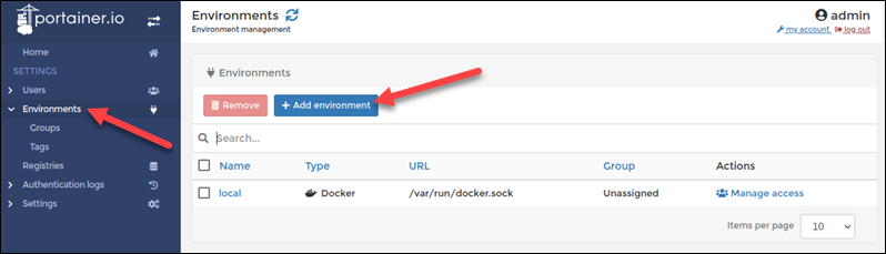 Navigating to the Add environment page in Portainer.