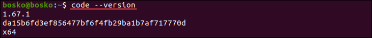 Checking the vscode program version on Ubuntu.