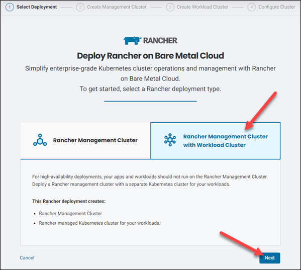 Selecting the Rancher Management Cluster with Workload Cluster option.