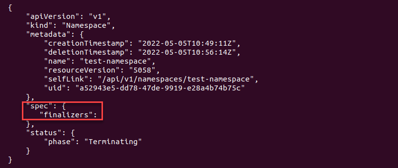 Editing the tmp.json file to remove the finalizer.