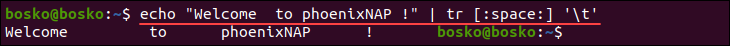 Converting whitespace characters into tabs using the tr command.