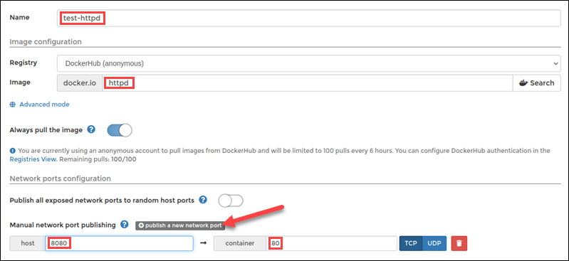 Setting up a new container deployment in Portainer.