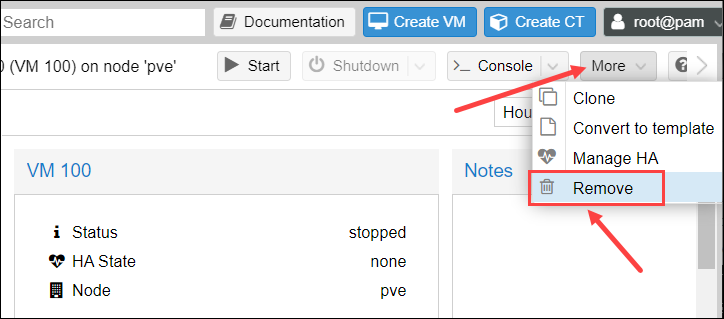 Delete a VM in Proxmox.