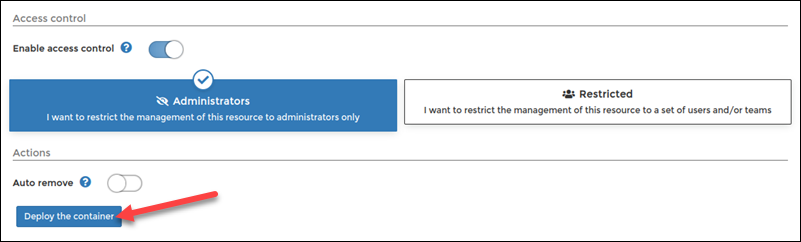 Location of the Deploy the container button in Portainer.