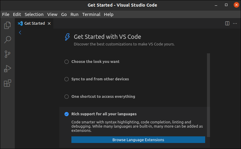 Getting started with vscode on Ubuntu.