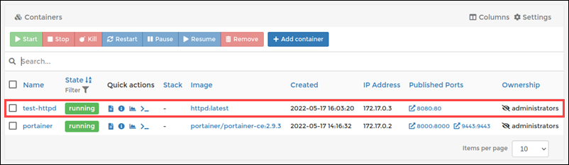 The list of containers with the newly created container.