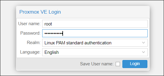 Log in to the Proxmox web console.