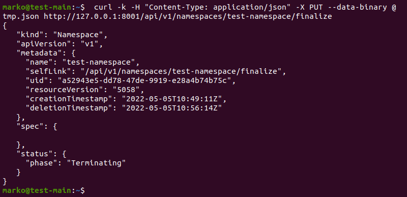 The output of the curl command showing the finalizer was successfully removed.