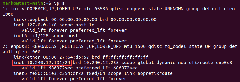 Using the ip command to find the IP address of the main network interface.